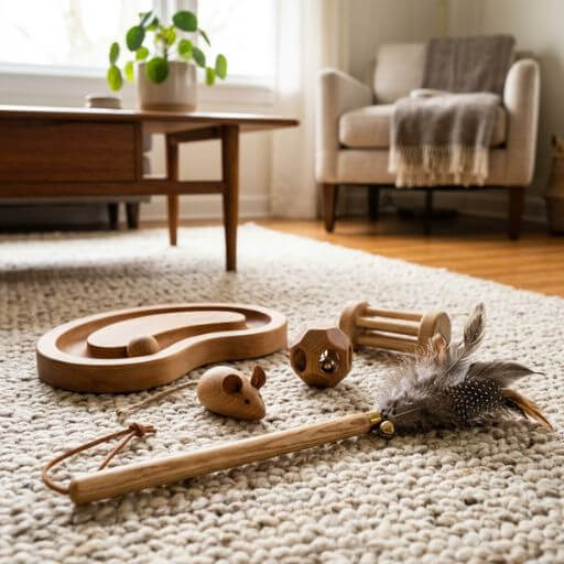 Conjunto de brinquedos interativos de madeira para gatos com design minimalista, incluindo varinha e ratinho.