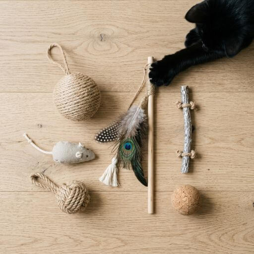 Visão superior de brinquedos ecológicos para gatos contendo bolas de sisal, cortiça, ratinho de tecido, bastão de matatabi e varinha de penas naturais.