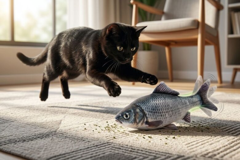 Gato preto ágil saltando sobre um brinquedo interativo de peixe realista infundido com catnip num tapete de apartamento moderno.
