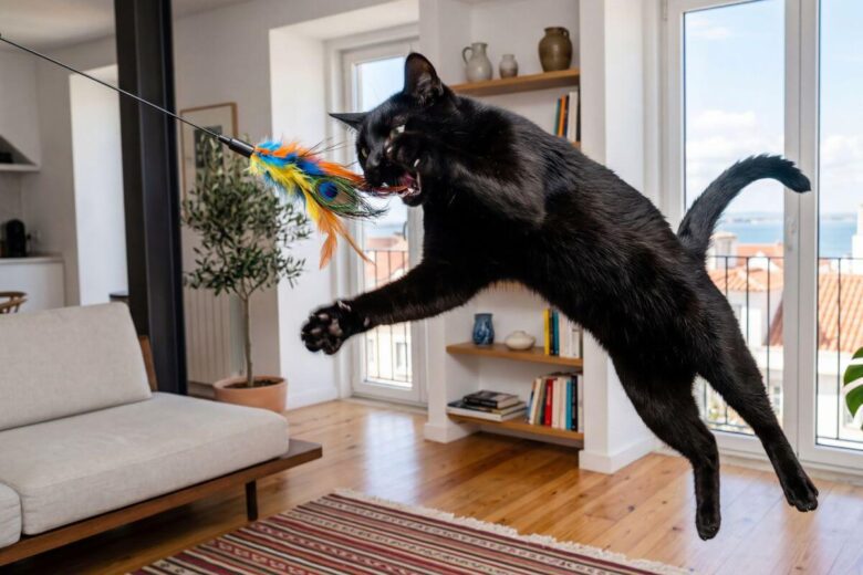 Varinha com penas para gatos totalmente estendida para exercitar o felino preto na sala de casa.