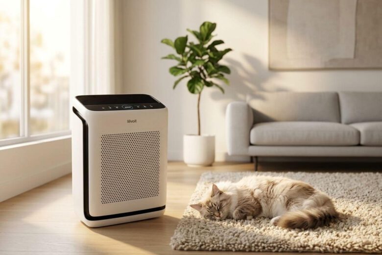 Um apartamento moderno e iluminado com um gato dormindo ao lado de um purificador de ar, garantindo um ambiente sem alergias.