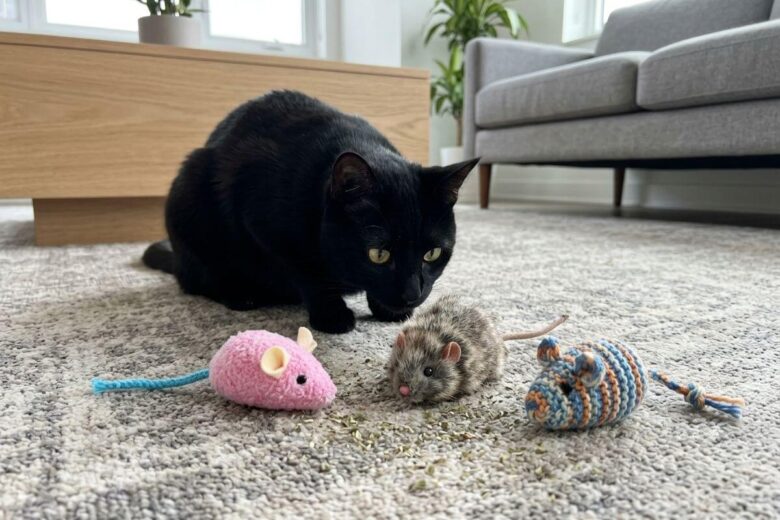 Gato preto curioso a olhar para três estilos diferentes de ratinhos de pelúcia com catnip num tapete de apartamento.