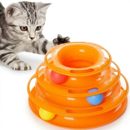 Torre de trilhos clássica laranja de 3 andares para gatos de apartamento, com bolinhas interativas.