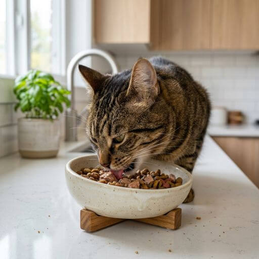 Gato se alimentando com ração úmida em comedouro ergonômico de cerâmica elevado para proteção da coluna.