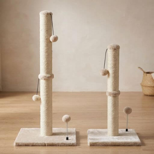 Comparação de dois arranhadores verticais de sisal para gatos com diferentes alturas e bases de pelúcia lado a lado.