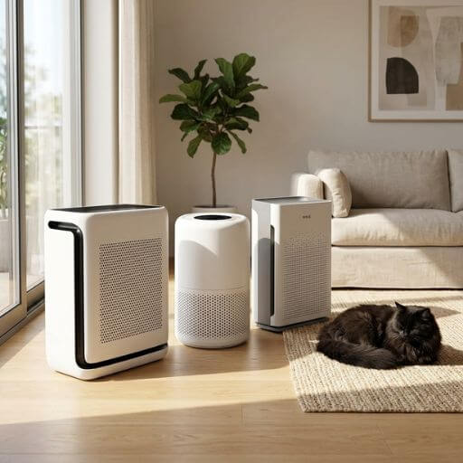 Comparativo dos três melhores purificadores de ar para gatos com filtro HEPA lado a lado numa sala de apartamento moderna e iluminada, com um gato preto a descansar no tapete.