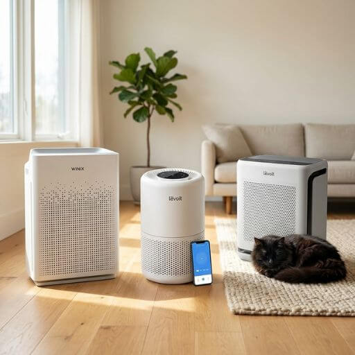 Comparativo dos três melhores purificadores de ar para gatos com filtro HEPA lado a lado numa sala de apartamento moderna e iluminada, com um gato preto a descansar no tapete.