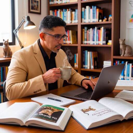 Faustino Ribeiro concentrado a estudar num portátil, com livros sobre biologia felina na secretária e uma chávena de café, ambiente de pesquisa focado.