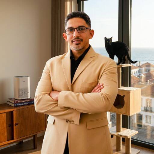 Faustino Ribeiro no seu apartamento em Portugal, demonstrando o manejo de alergias com purificador de ar moderno, livros de psicologia felina e gato na torre ao fundo.