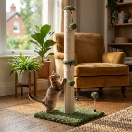 Filhote de gato a brincar e a arranhar a base texturizada de um poste de sisal verde iluminado pela luz da janela.