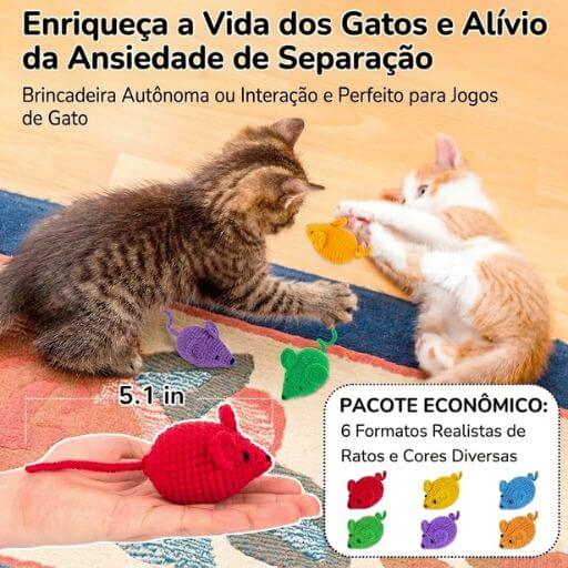 Dois filhotes de gato a interagir com ratinhos de crochê coloridos num tapete de sala.