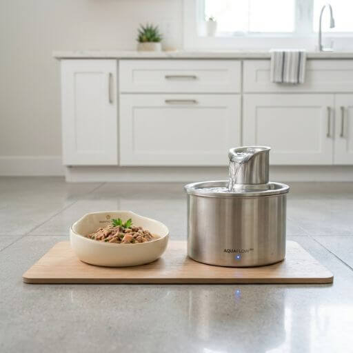 Fonte bebedouro de água corrente em aço inox ao lado de um comedouro ergonômico de cerâmica com ração úmida para proteção da saúde renal felina.