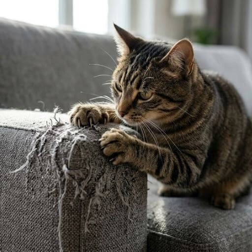 Gato doméstico arranhando o braço de um sofá de tecido cinza na sala de estar, mostrando danos visíveis e garras estendidas.