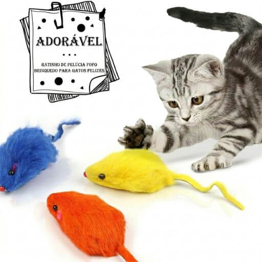 Gato rajado ágil a dar uma patada num grupo de ratinhos peludos nas cores azul, laranja e amarelo.