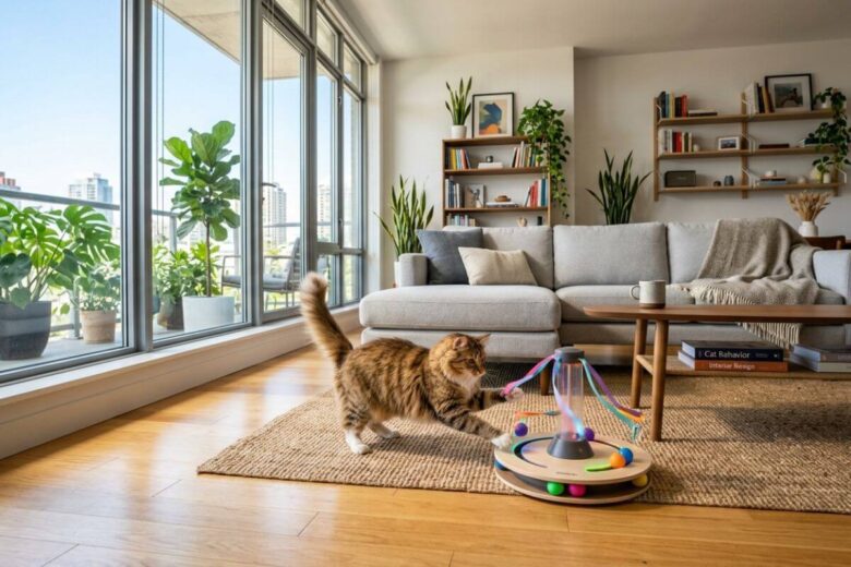 Gato brincando animadamente com brinquedo interativo eletrônico e giratório no tapete da sala.