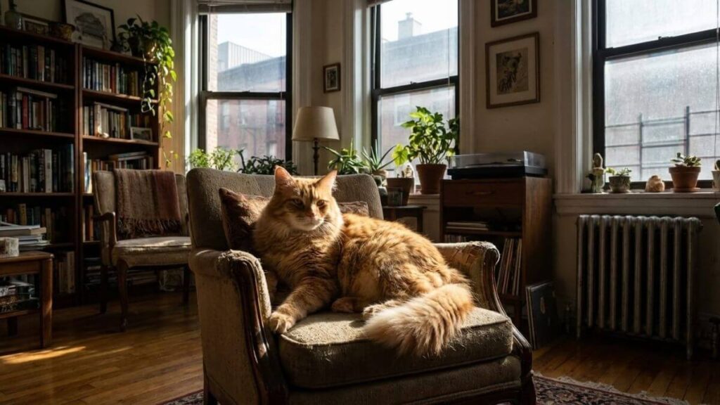 Gato de pelagem longa descansando tranquilamente em poltrona tomando sol em apartamento com plantas.