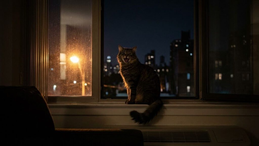 Gato observando a cidade pela janela do apartamento à noite, refletindo o comportamento e instinto noturno felino.