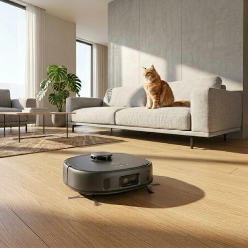Gato laranja sentado no sofá a observar o melhor aspirador robô para pelos de gatos a limpar o chão do apartamento.