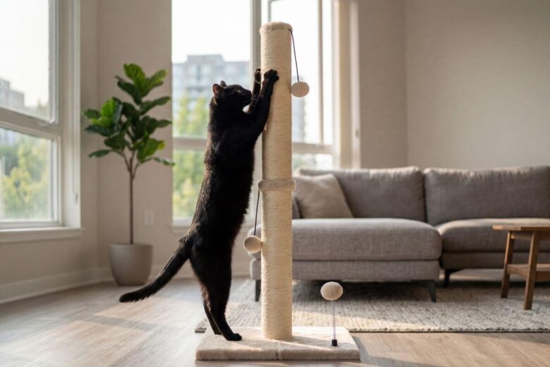 Gato preto esticando a coluna e afiando as unhas num arranhador vertical de sisal bege alto no meio de uma sala de estar moderna e iluminada.