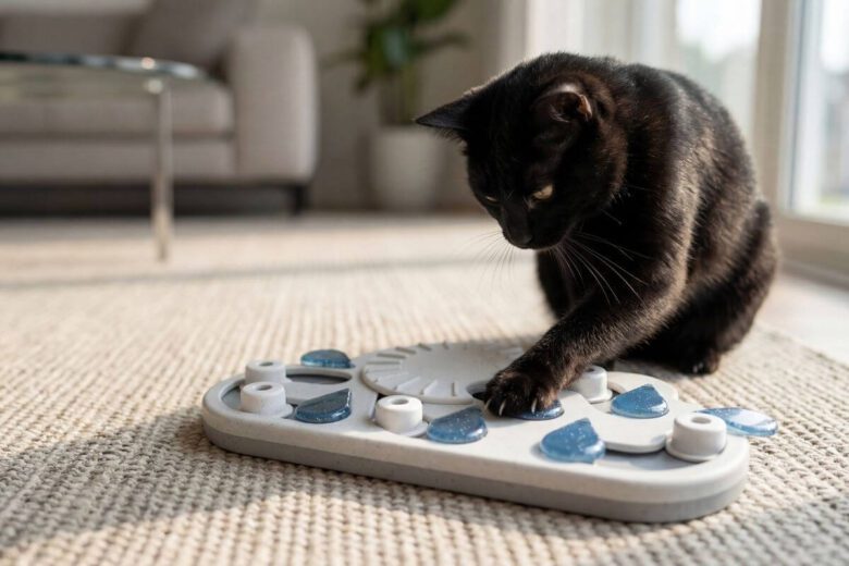 Fotografia mostrando um gato preto observando todos os 19 compartimentos e gotas de chuva do comedouro quebra-cabeça interativo felino.