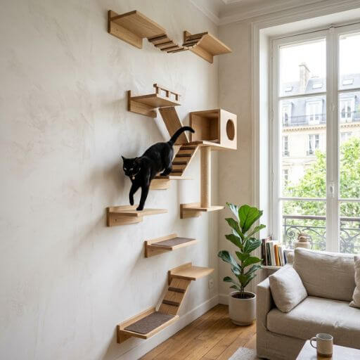 Gato preto utilizando sistema moderno de prateleiras e degraus de parede em madeira para verticalizar o território no apartamento.