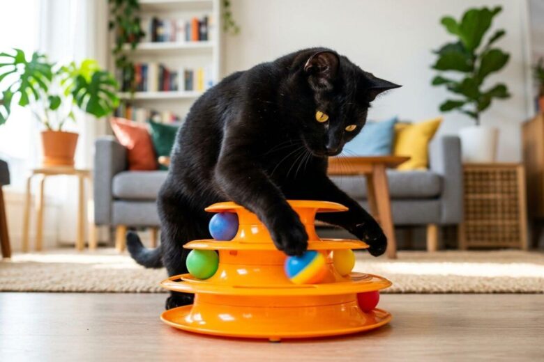 Gato preto focado e brincando com uma torre de trilhos com bolinhas em um apartamento, estilo documentário.