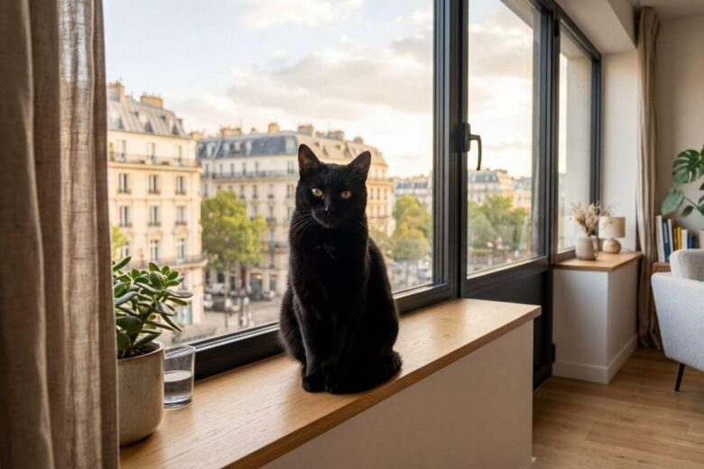 Gato preto elegante observando a vista urbana pela janela de um apartamento em Portugal.