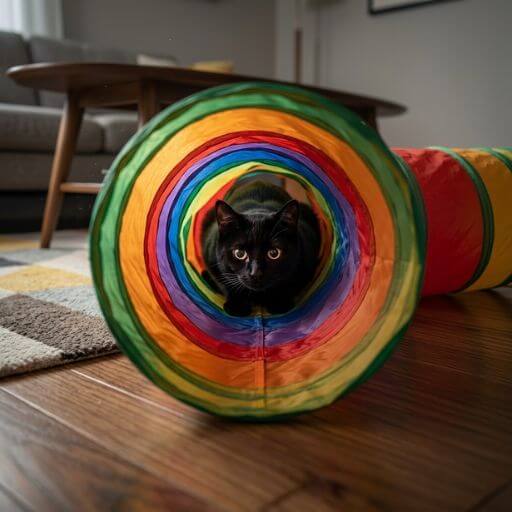 Gato preto com olhar atento escondido dentro de um túnel dobrável no meio da sala, pronto para dar um bote tático.