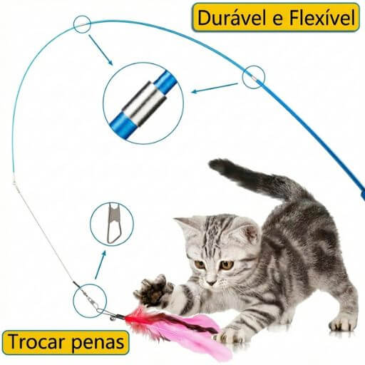 Isca de pena natural com guizo metálico da varinha para gatos, focando no estímulo sonoro e tátil.