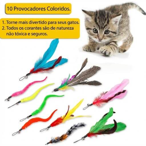 Detalhe do cabo ergonômico e da trava de segurança da varinha com penas para gatos estilo cana de pesca.
