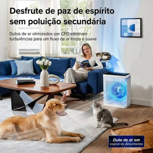 Purificador de ar para gatos com duto otimizado e tecnologia VortexAir limpando o ar de uma sala com cães e gatos.