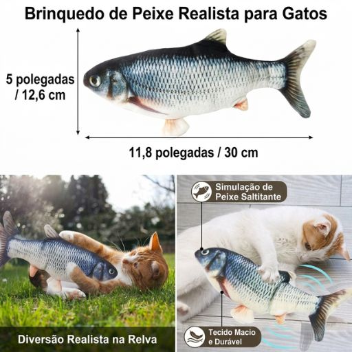 Especificações de tamanho do brinquedo de peixe realista, mostrando 30 centímetros de comprimento por 12,6 centímetros de largura.