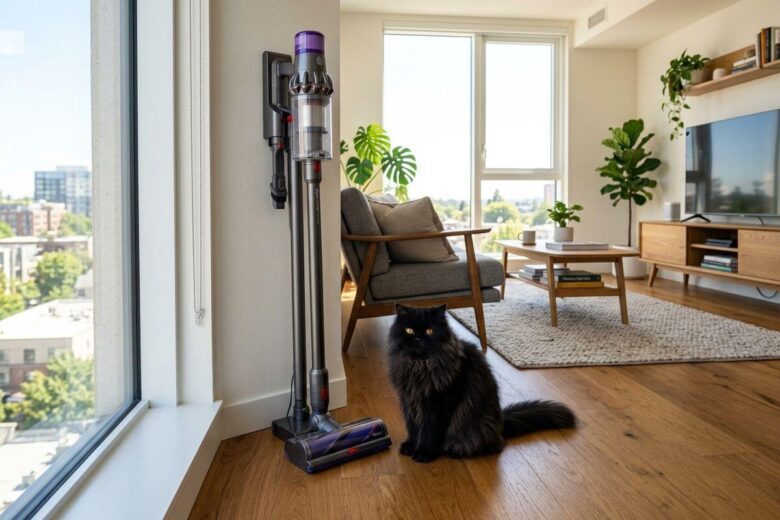 Gato preto sentado orgulhoso ao lado do melhor aspirador de pó para pelos de gatos numa sala de apartamento limpa e moderna.