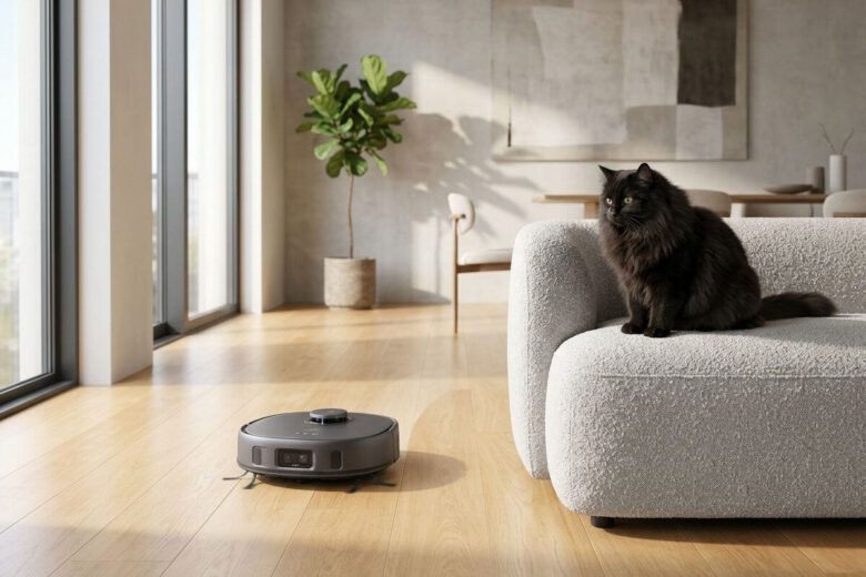 Gato preto sentado no sofá a observar o melhor aspirador robô para pelos de gatos a limpar o chão do apartamento.
