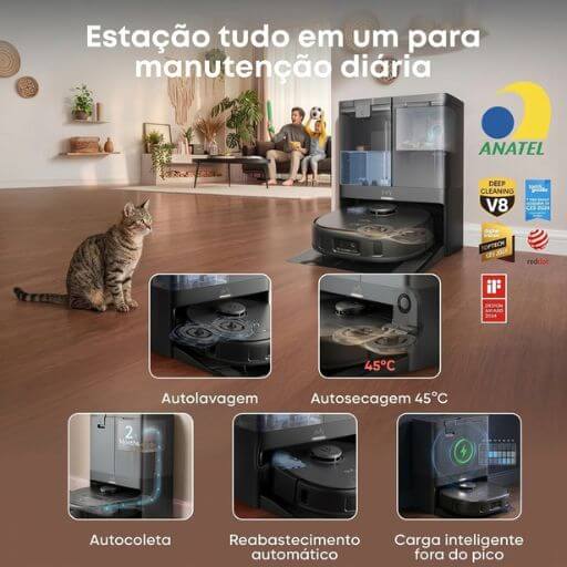 Estação base autolimpante do aspirador robô que esvazia a sujeira sozinha para quem tem alergia a gatos.