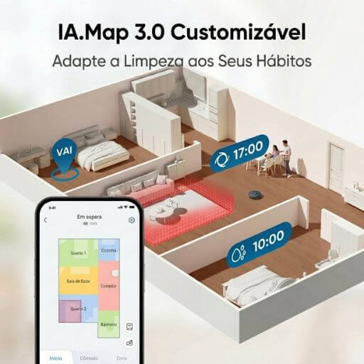 Aplicativo no telemóvel a mostrar o mapeamento inteligente do melhor aspirador robô para pelos de gatos num apartamento.