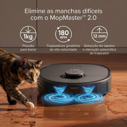 Detalhe dos esfregões giratórios de alta velocidade do aspirador robô limpando manchas no piso frio