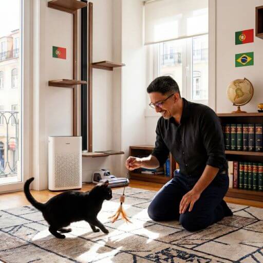 Uma fotografia cinematográfica de um Faustino Ribeiro kneeling em um tapete jogando com um gato preto feliz usando um brinquedo DIY. Ao redor, um purificador de ar HEPA, um aspirador de pó, livros legais de Portugal e Brasil e paredes com prateleiras verticais para gatos em um apartamento moderno.