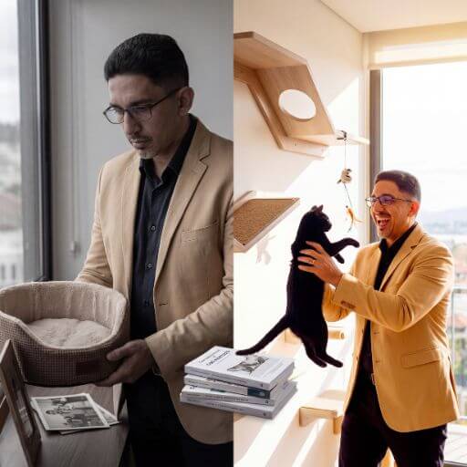 Uma fotografia cinematográfica dividida: à esquerda, Faustino Ribeiro nostálgico e triste olhando para uma cama de gato vazia; à direita, Faustino Ribeiro sorrindo e jogando com um gato preto feliz em um apartamento moderno com soluções técnicas de adaptação.