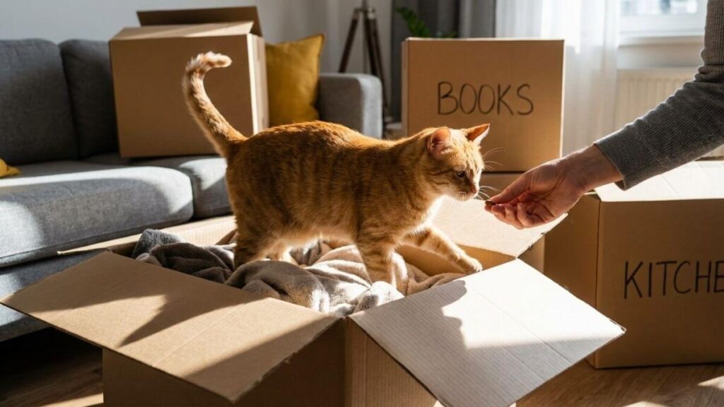 Gato laranja sendo recompensado com petisco ao explorar caixa de papelão durante mudança de apartamento.