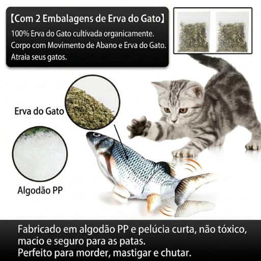Detalhes da fabricação do brinquedo para gatos, mostrando pacotes de erva do gato cultivada organicamente e o enchimento macio e seguro de algodão PP.