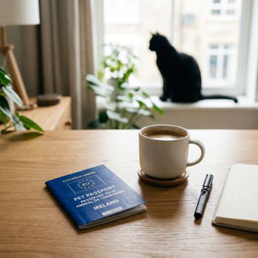 Passaporte europeu para animais de companhia sobre a mesa ao lado de um café, com gato preto ao fundo, ilustrando a burocracia de viagem com pets.
