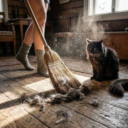 Vassoura tradicional levantando pelos de gato e poeira no ar, ilustrando o erro de varrer a casa para quem tem alergia.