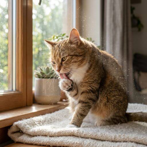 Gato a lamber-se no apartamento, espalhando microscópicos alérgenos no ar que o purificador de ar captura.