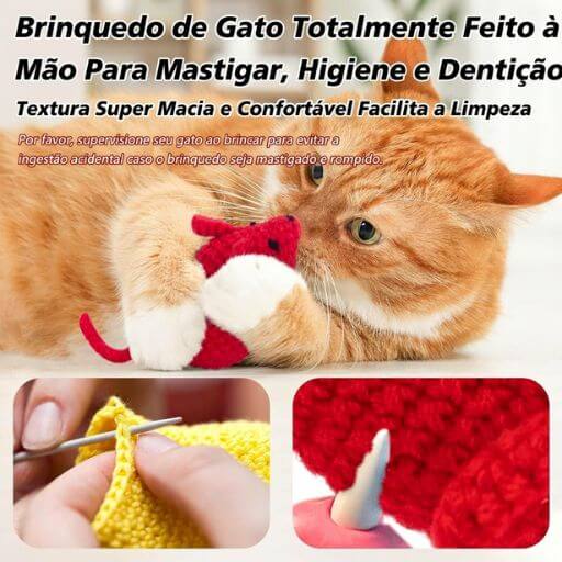 Gato laranja a morder um ratinho de crochê vermelho, ajudando na limpeza dos dentes durante a brincadeira.