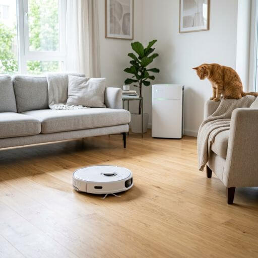 Robô aspirador a limpar o chão enquanto um purificador de ar filtra o ambiente para evitar alergia a gatos.