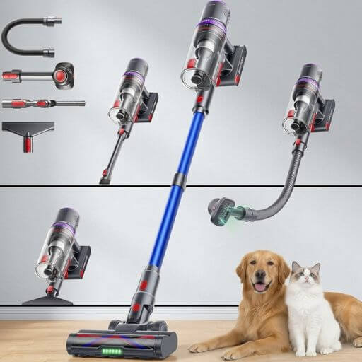 Kit completo do melhor aspirador de pó para pelos de gatos com acessórios multifuncionais e pets ao lado.