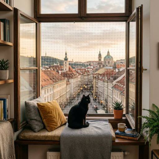 Gato preto observando a cidade através de uma janela clássica de apartamento devidamente telada para garantir a segurança e prevenir quedas.