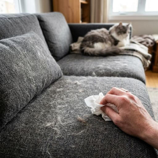 Sofá de tecido coberto de pelos com um gato ao fundo, ilustrando o pesadelo de tentar tirar pelo de gato do sofá.