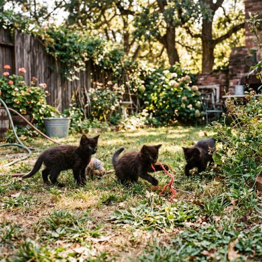 Fotografia nostálgica de três filhotes de gatos pretos a brincarem juntos num quintal ensolarado, estilo fotografia documenta
